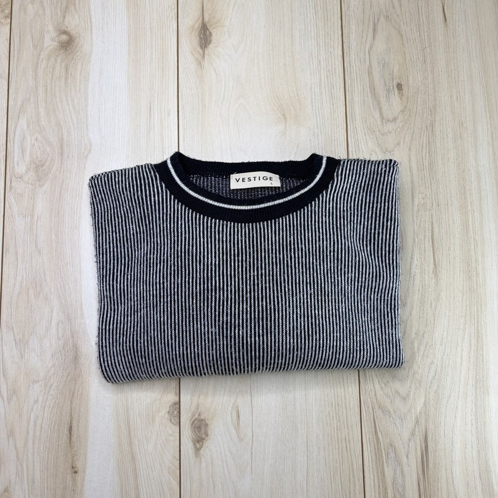Vestige Men's Knit Stripe Crew Neck Sweater Black Size Large Stretch